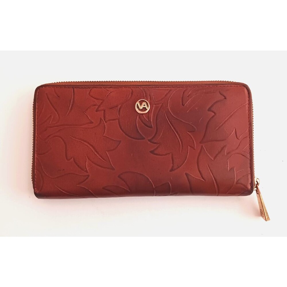 Valentina Italy Brown Leather Embossed Leaf Print Zip Around Wallet 8X4